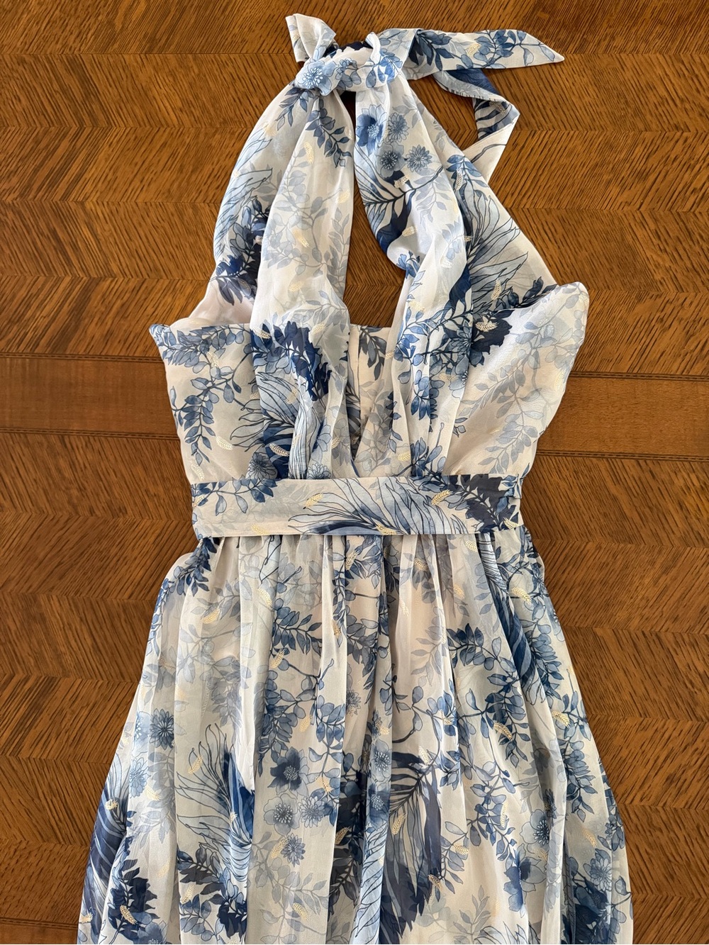 LOU Floral Criss-Cross Halter Maxi Dress - Blue & Cream - XS